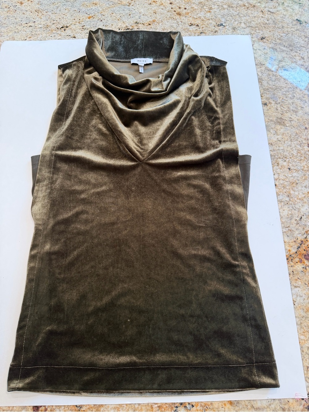 REISS Luna Olive Velvet Cowl Neck Sleeveless Top Size S